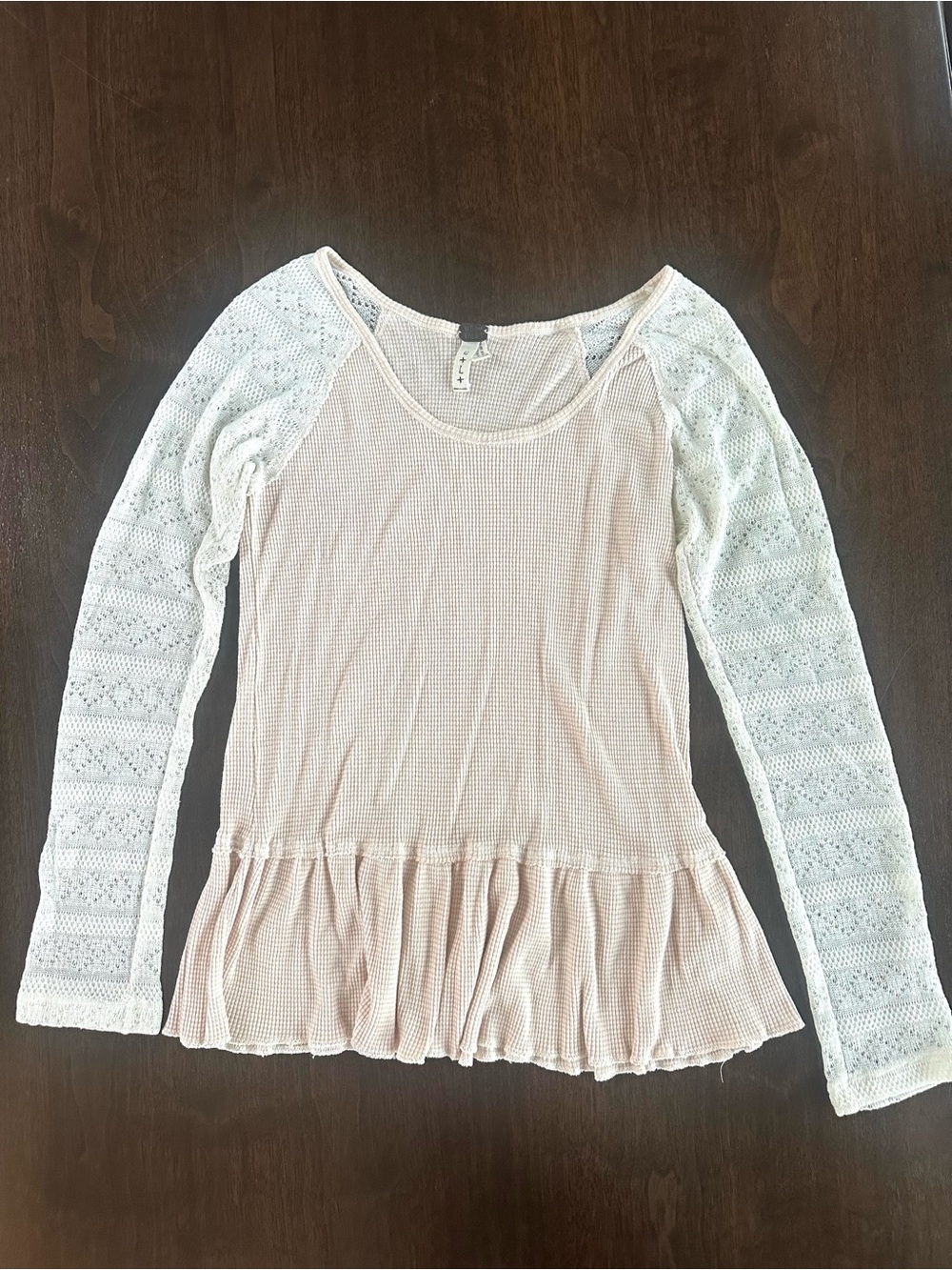 We The Free People Pink & Cream baseball style ruffle bottom waffle Lace shirt L